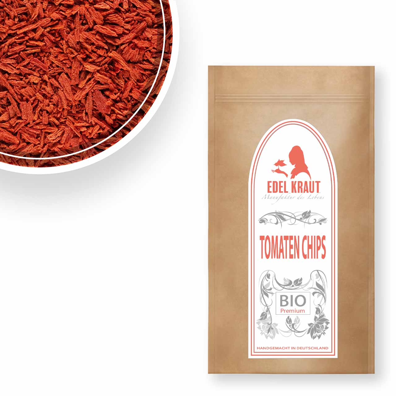 Tomaten Chips BIO kaufen - Manufaktur Premium BIO Tomaten Chips von EDEL KRAUT - schonend getrocknete Tomatenstückchen für Pesto, Bruschetta und mediterrane Saucen, handgemacht in Deutschland.