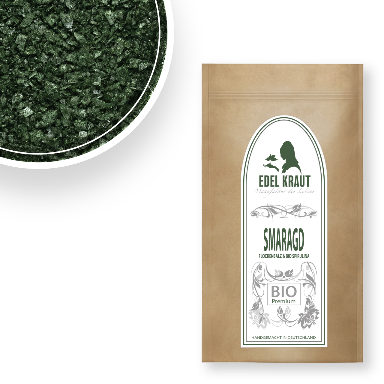 BIO Smaragd Salzflocken mit Spirulina in nachhaltiger Verpackung BIO Smaragd Salzflocken mit Spirulina in nachhaltiger Verpackung
