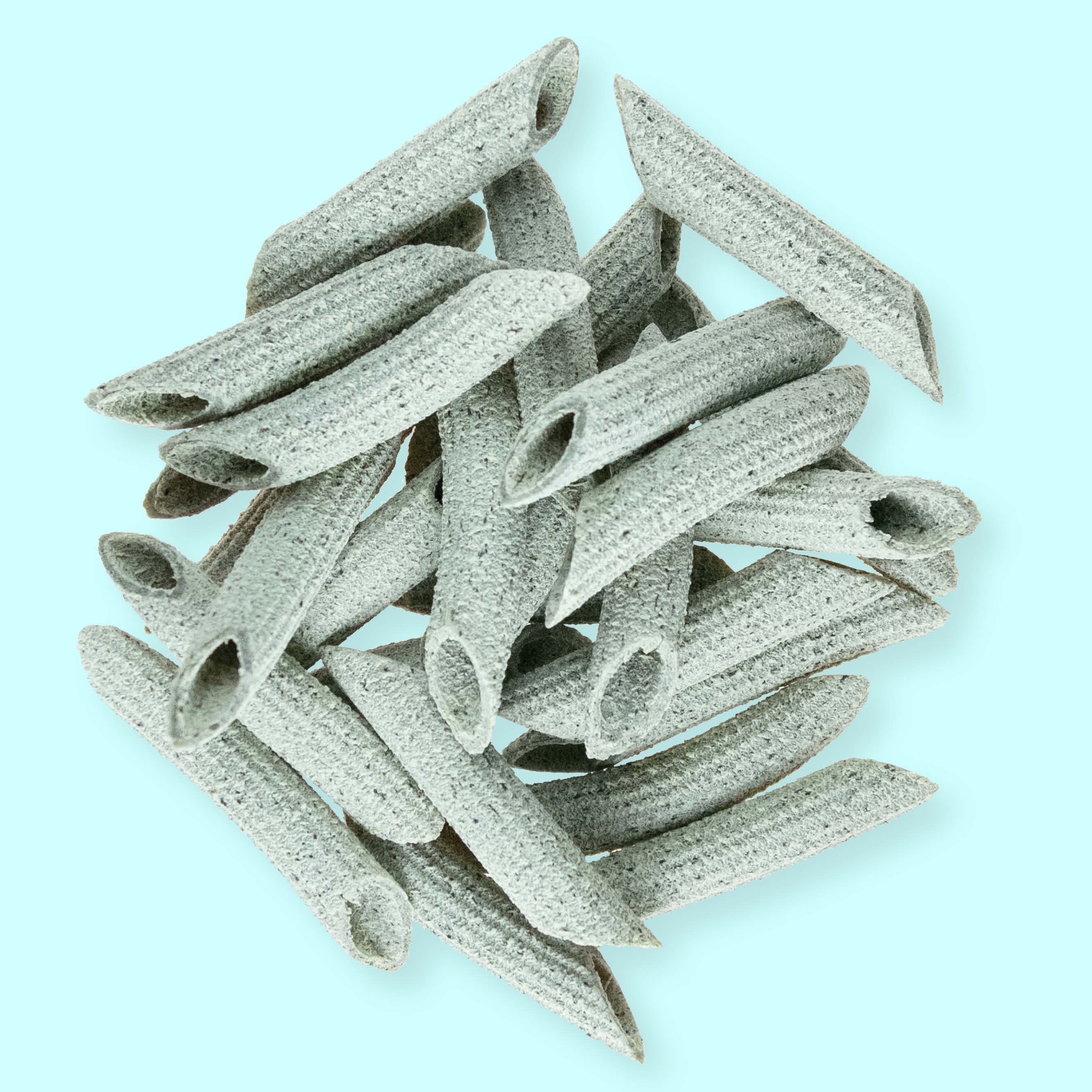 Bio Kürbiskern & Brennnessel Penne - Nudel aus antikem Urgetreide (bronzegezogen) 250g Tüte Bio Kürbiskern & Brennnessel Penne Pasta Nahaufnahme der antiken und bronzegezogenen Urgetreide-Qualität