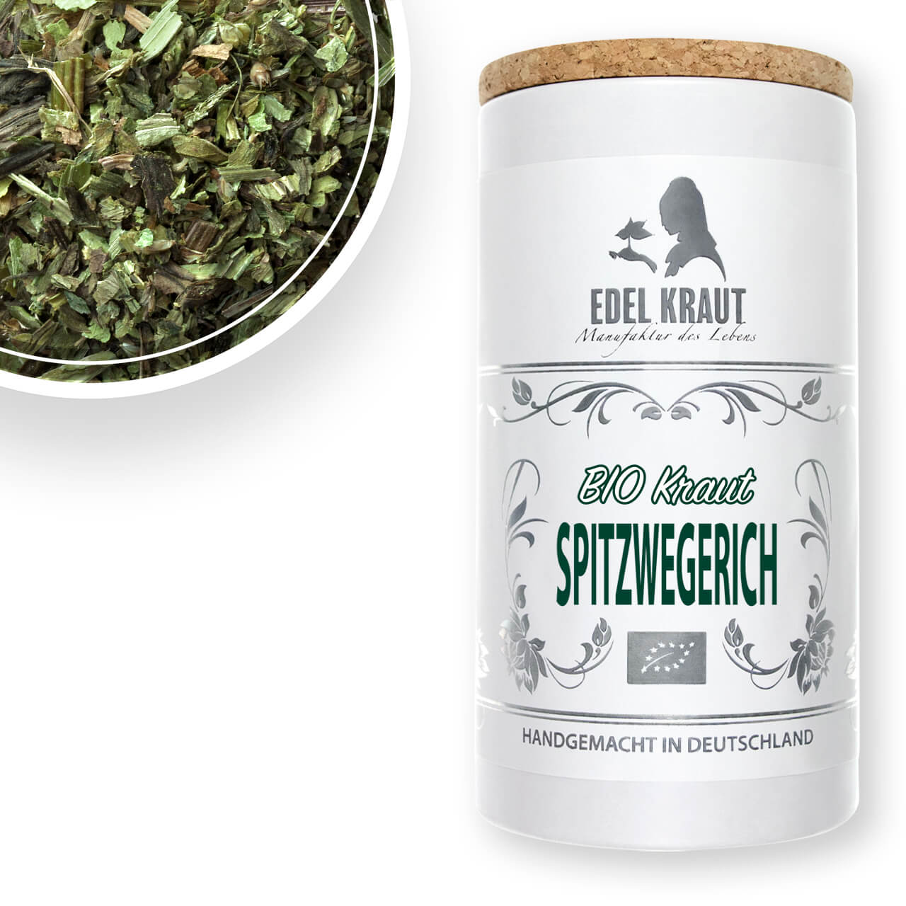 BIO Spitzwegerichkraut - XL-Dose mit Produktdetail oben links